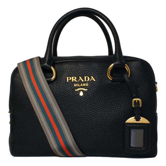 Prada Vitello Phenix Black Leather Web Stripe Crossbody Satchel - Picture 1 of 7